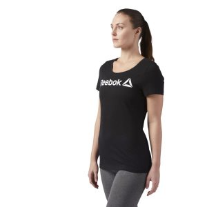 Koszulki Damskie Reebok Linear Scoop Neck Czarne/Białe PL 16BJWUZ